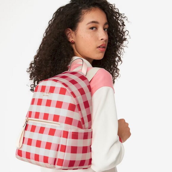 Kate Spade Chelsea Gingham Pink Red Medium Nylon Backpack KG566 main image 5
